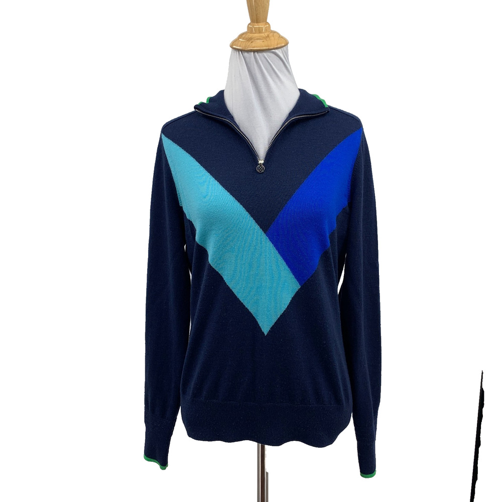 G/Fore Sweater Women S Small Blues Green Wool Chevron Pattern Quarter Zip Golf